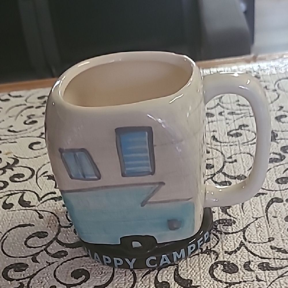 Happy Camper Ceramic Mug - Blue and Cream